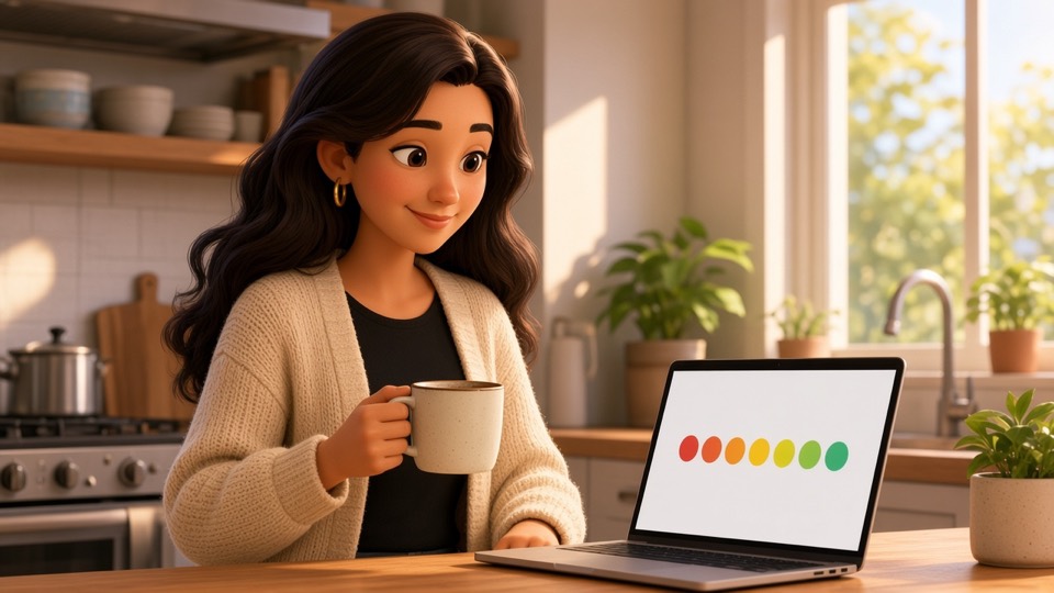 Ana Beatriz, de cardigã creme, responde a pesquisa no laptop, na cozinha.